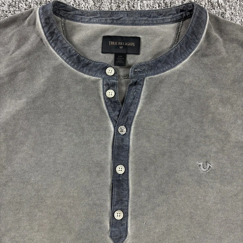 True Religion Henley Shirt Y2K Vintage Embroidered Logo Long Sleeve Grey Large
